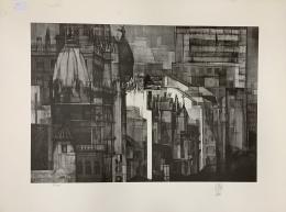 JORDI ALUMÀ I MASVIDAL (1924-2021) Artista barcelonés VISTA DE LA PLAZA DE CATALUÑA DE BARCELONA Litografía 50,5 cm.x73 cm.