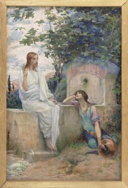 LUC OLIVIER MERSON (1846 - 1920) Pintor francés JESÚS DESCANSANDO EN EL POZO Óleo sobre tabla