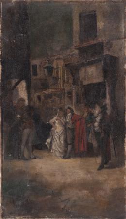 EUGENIO LUCAS VILLAAMIL (Madrid, 1858 - 1918) ESCENA CALLEJERA Óleo sobre lienzo 59,50 cm. x34,50 cm.