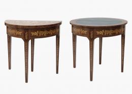MESA DE JUEGO DE NOGAL Y MARQUETERÍA FLORAL EPOCA CARLOS IV, FFS.S.XVIII nogal 80 cm. x44 cm. x86 cm.