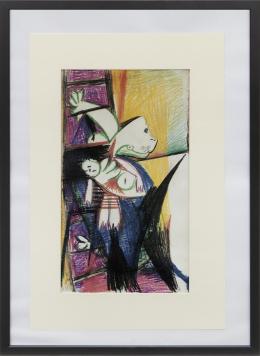 PABLO PICASSO SUBIENDO POR LA ESCALERA Facsimil sobre papel Barba 73 cm.x53 cm.