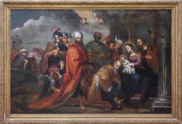 ESCUELA ESPAÑOLA MEDIADOS DEL SIGLO XVII-XVIII LA ADORACIÓN DE LOS REYES MAGOS Óleo sobre lienzo 128 cm. x177 cm.