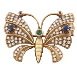 BROCHE EN ORO 18KT, ESMERALDA, ZAFIROS, RUBÍES Y DIAMANTES