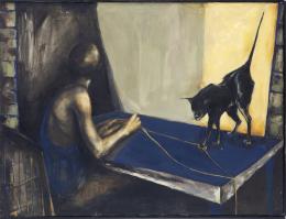 LILIANA DESRETS (Buenos Aires, 1963) HOMBRE DE ESPALDAS Y GATO, 1990 Óleo sobre lienzo 99,50 cm. x131 cm.