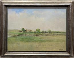 CARLOS MORAGO FERNÁNDEZ (Madrid, 1954) PAISAJE CON CASA AL FONDO Óleo sobre tabla 74,50 cm. x93 cm.