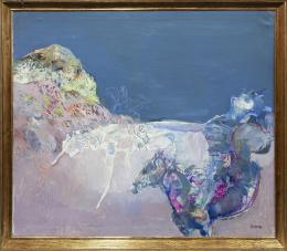 OSCAR ESTRUGA ANDREU (Villanueva y Geltrú, 1933) JINETE ENTRE MONTAÑAS Óleo sobre lienzo 81 cm. x100 cm.