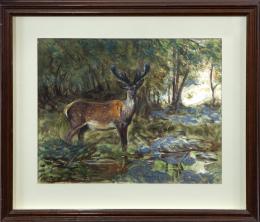 MIGUEL ANGEL BEDATE (Coria, 1952) VENADO EN PAISAJE Óleo sobre lienzo 46 cm. x54 cm.