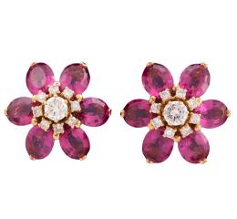 PENDIENTES FLOR EN ORO 18KT, TURMALINAS ROSAS Y DIAMANTES