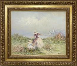 P.WINSON S.XX DAMA Y NIÑA EN UN PAISAJE CAMPESTRE Óleo sobre lienzo 71 cm. x61 cm.