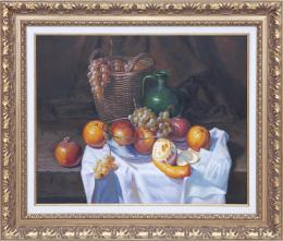 BODEGÓN CON CESTO. UVAS Y NARANJAS