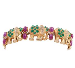 PULSERA EN ORO 18KT, RUBÍES, ESMERALDAS Y DIAMANTES
