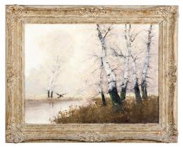 PAISAJE DE ARBOLEDA CON PATO SURCANDO EL AGUA