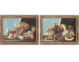 PAREJA DE BODEGONES DE FRUTAS Y FLORES