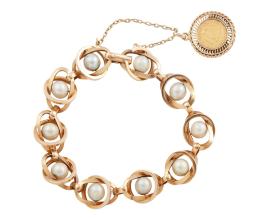 PULSERA EN ORO 18KT, PERLAS CULTIVADAS Y MONEDA