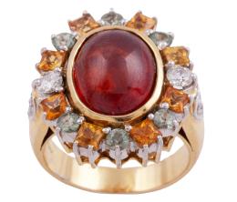 SORTIJA EN ORO BICOLOR 18KT, ESPESARTINA, ZAFIROS Y DIAMANTES