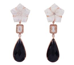 PENDIENTES EN PLATA DE LEY CHAPADOS EN ORO, NÁCAR, DIAMANTES, TOPACIOS Y ÁGATA NEGRA