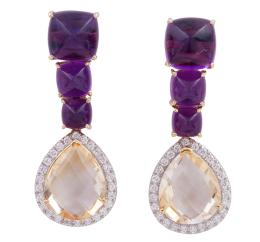 PENDIENTES EN ORO 18KT, AMATISTAS, CITRINOS Y DIAMANTES