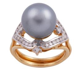 SORTIJA EN ORO BICOLOR 14KT, PERLA CULTIVADA TAHITÍ Y DIAMANTES