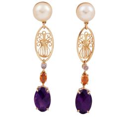 PENDIENTES EN ORO 18KT, PERLAS CULTIVADAS, DIAMANTES, ZAFIROS Y AMATISTAS