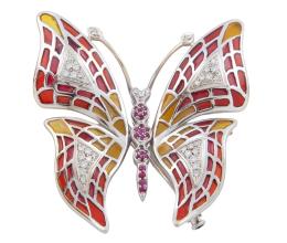 BROCHE MARIPOSA EN ORO 18KT, RUBÍES, DIAMANTES Y ESMALTE