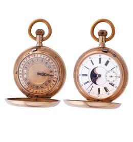 RELOJ SUIZO SABONETA EN ORO 14KT PARA MERCADO RUSO. CALENDARIO PERPETUO DOBLE CARA, REMONTOIR, S. XIX.