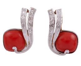 PENDIENTES EN ORO BICOLOR 18KT, CORAL Y DIAMANTES