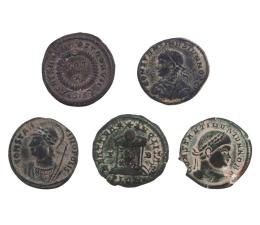 LOTE DE 5 FOLLIS DEL EMPERADOR CONSTANTINO II (S. IV d.C) IMPERIO ROMANO