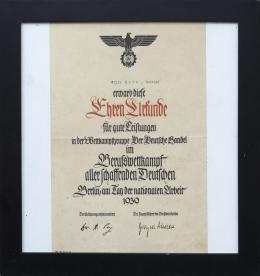 CERTIFICADO DE HONOR DE LAS JUVENTUDES ALEMANAS, BERLÍN 1939