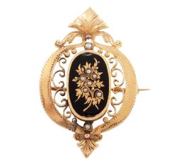 BROCHE VINTAGE EN ORO 18KT, ÓNIX Y PERLAS ALJÓFAR