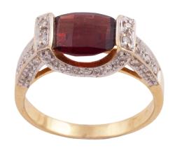 SORTIJA EN ORO BICOLOR 18KT, GRANATE ESPESARTINA Y DIAMANTES