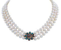 COLLAR DE PERLAS CULTIVADAS, ORO 18KT, ZAFIROS Y TURQUESAS