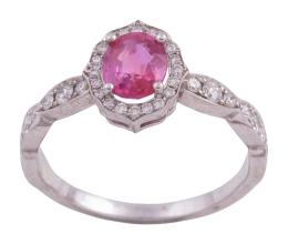 SORTIJA EN ORO 18KT, ZAFIRO ROSA Y DIAMANTES