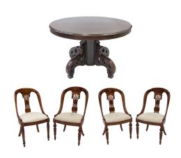 CONJUNTO DE MESA DE COMEDOR Y CUATRO SILLAS EN MADERA DE NOGAL.