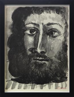 "VISAGE D'HOMME BARBU A ÊPAISSE, CHEVELURE, TRAIT ET LAVIS", BUFFON. PARÍS, 1957