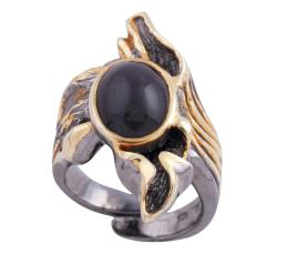 SORTIJA EN PLATA 925 CON CHAPADO EN ORO Y OBSIDIANA. JOYERÍA DE AUTOR, PIEZA ÚNICA