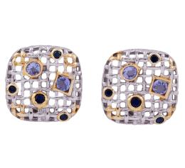 PENDIENTES EN PLATA 925 CON CHAPADO EN ORO, TANZANITAS Y ZAFIROS. JOYERÍA DE AUTOR, PIEZA ÚNICA