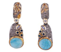 PENDIENTES EN PLATA 925 CON CHAPADO EN ORO, LARIMAR, TOPACIOS, TANZANITAS Y ZAFIROS. JOYERÍA DE AUTOR, PIEZA ÚNICA
