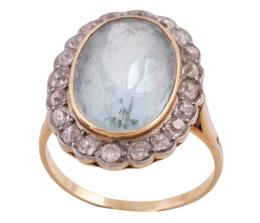 SORTIJA EN ORO BICOLOR 18KT, ESPINELA SINTÉTICA Y DIAMANTES