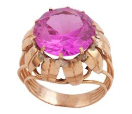 SORTIJA EN ORO BICOLOR 18KT Y ZAFIRO ROSA SINTÉTICO