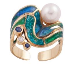 SORTIJA EN ORO 18KT, ZAFIROS, DIAMANTE Y PERLA