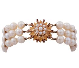 PULSERA DE PERLAS CULTIVADAS Y BROCHE EN ORO 18KT CON GRANATES