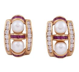 PENDIENTES EN ORO 18KT, PERLAS CULTIVADAS, RUBÍES Y CIRCONITAS