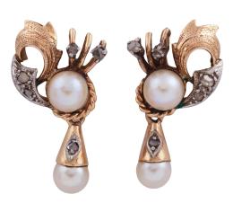 PENDIENTES VINTAGE EN ORO BICOLOR 18KT, PERLAS CULTIVADAS Y DIAMANTES