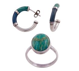 CONJUNTO DE PENDIENTES Y SORTIJA EN PLATA 925, AMAZONITA Y ESMALTE