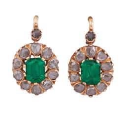 PENDIENTES VINTAGE EN ORO 18KT, PIEDRAS VERDES Y DIAMANTES