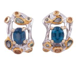 PENDIENTES EN PLATA 925 CON CHAPADO EN ORO, TOPACIOS Y ZAFIROS FANCY. JOYERÍA DE AUTOR, PIEZA ÚNICA
