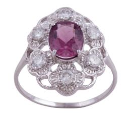 SORTIJA EN ORO 18KT, ESPINELA ROSA Y DIAMANTES