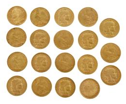 19 MONEDAS DE 20 FRANCOS FRANCESES Y SUIZOS EN ORO 900m/m