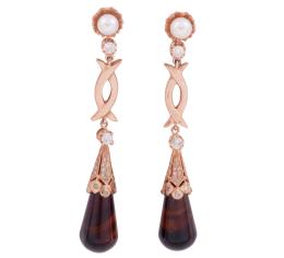PENDIENTES EN PLATA 925 CHAPADA EN ORO ROSA, PERLAS, DIAMANTES Y ÁGATAS