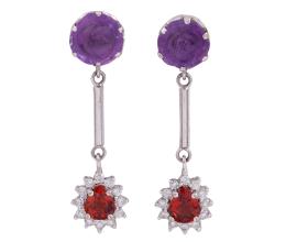 PENDIENTES EN ORO 18KT, AMATISTAS, ESPESARTINAS Y DIAMANTES